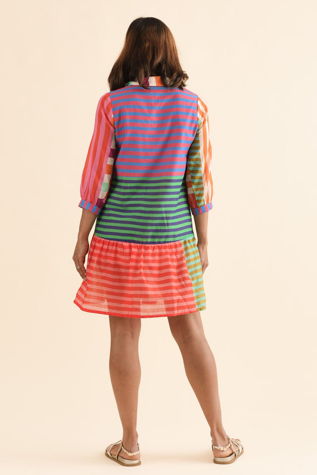 Canto Multi Stripe Cotton Collared Dress,Back,Brunette model,alt text|model:Cara image 4