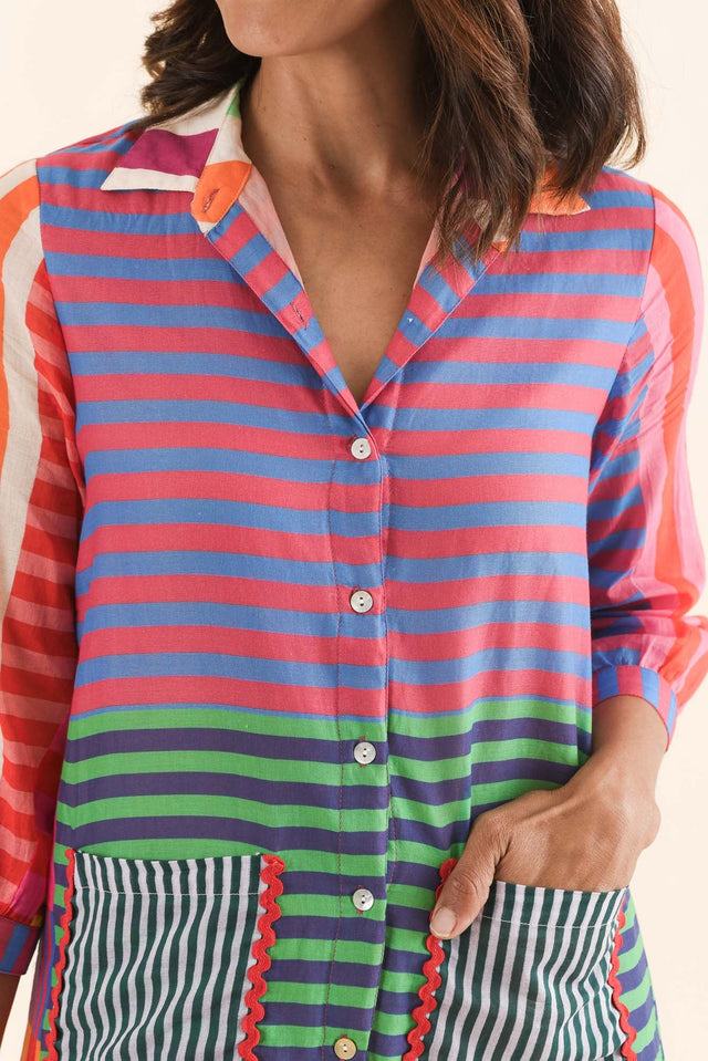 Canto Multi Stripe Cotton Collared Dress,Detail,Brunette model,alt text|model:Cara image 5