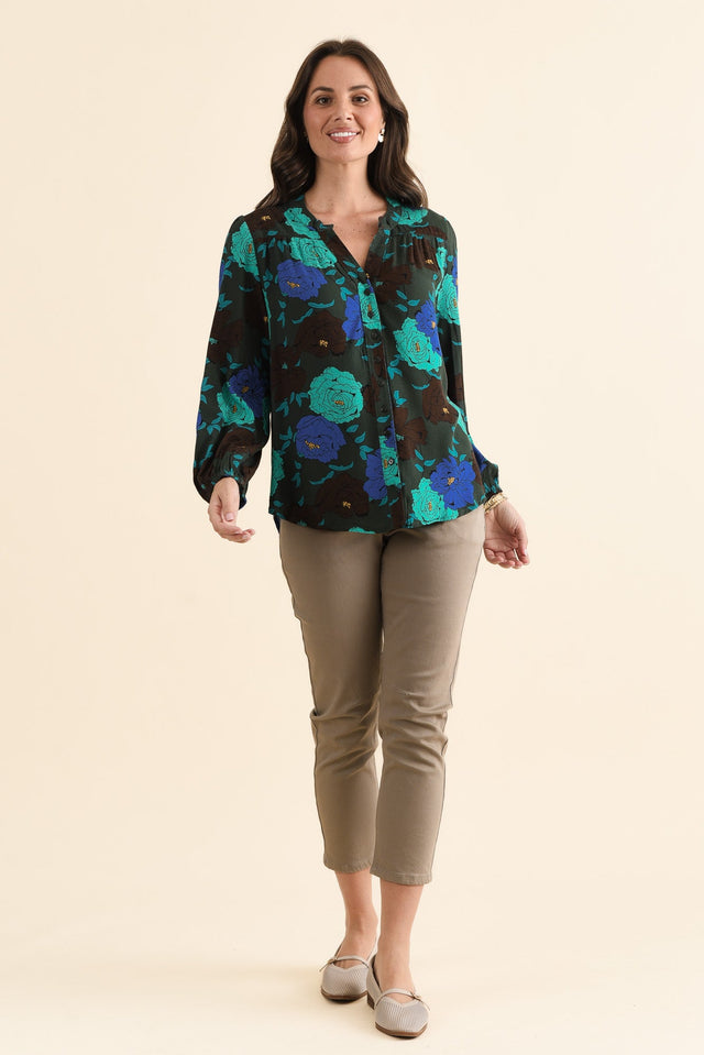 Carina Green Flower Sleeved Blouse,brunette model,Close up of outfit,alt text|model:MJ image 5