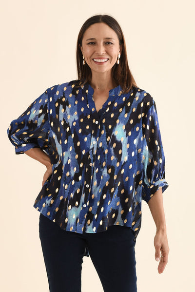 Carleen Blue Abstract Foil Button Top
