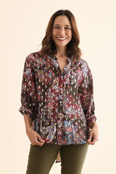 Carleen Red Flower Foil Button Top