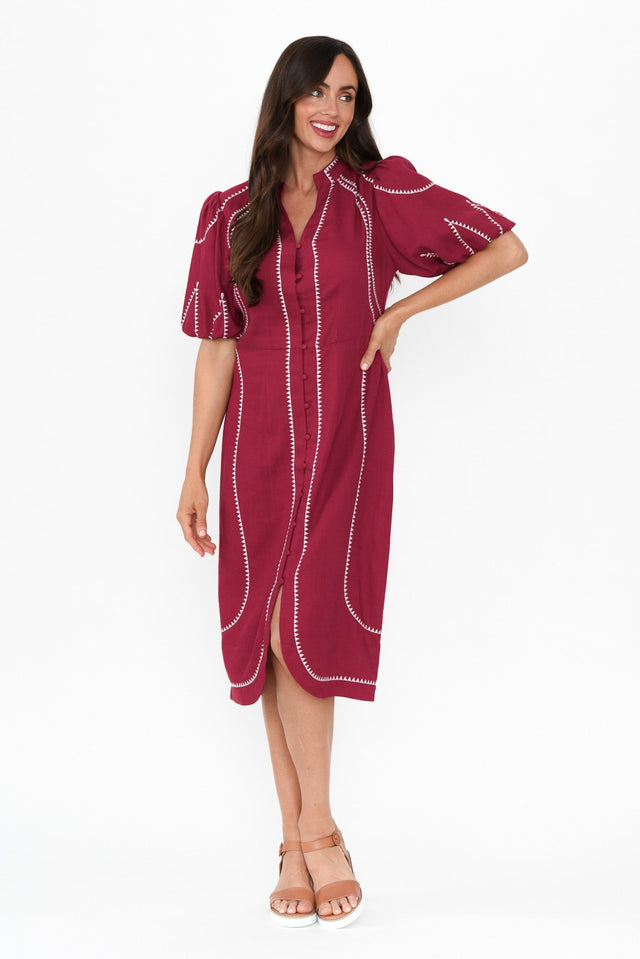 Carlyle Crimson Embroidered Linen Blend Dress,Brunette model,alt text|model:Elouise image 2