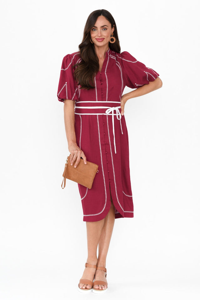 Carlyle Crimson Embroidered Linen Blend Dress,Brunette model,alt text|model:Elouise image 8