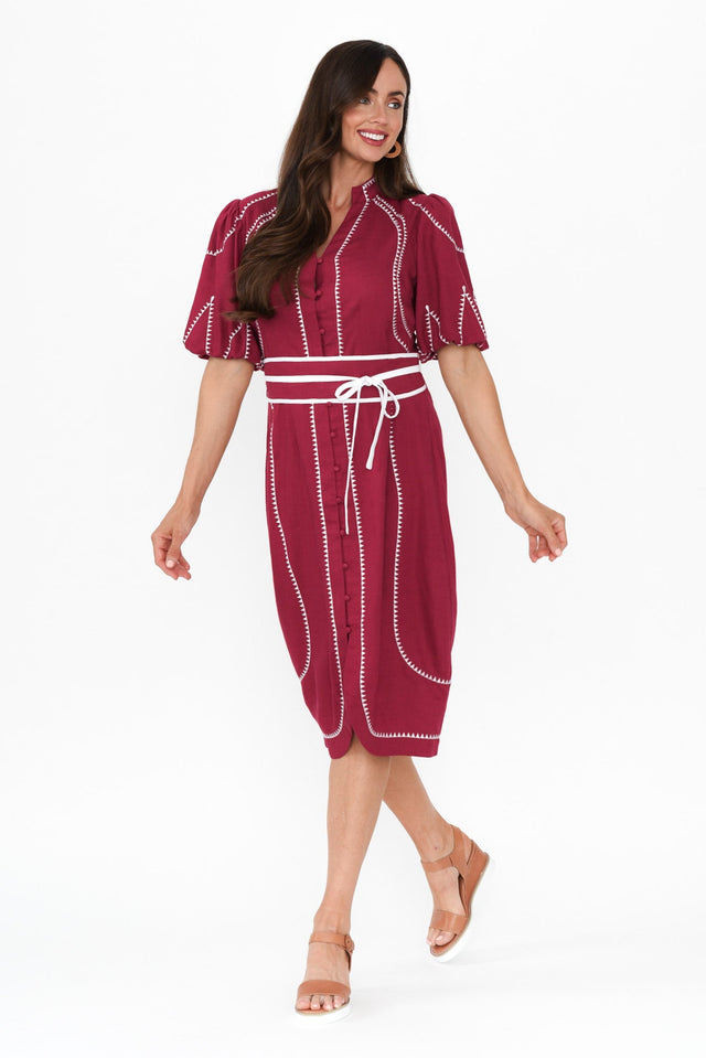Carlyle Crimson Embroidered Linen Blend Dress,Brunette model,alt text|model:Elouise image 1