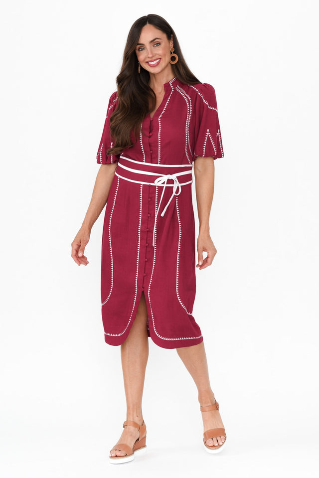 Carlyle Crimson Embroidered Linen Blend Dress,Brunette model,alt text|model:Elouise image 7