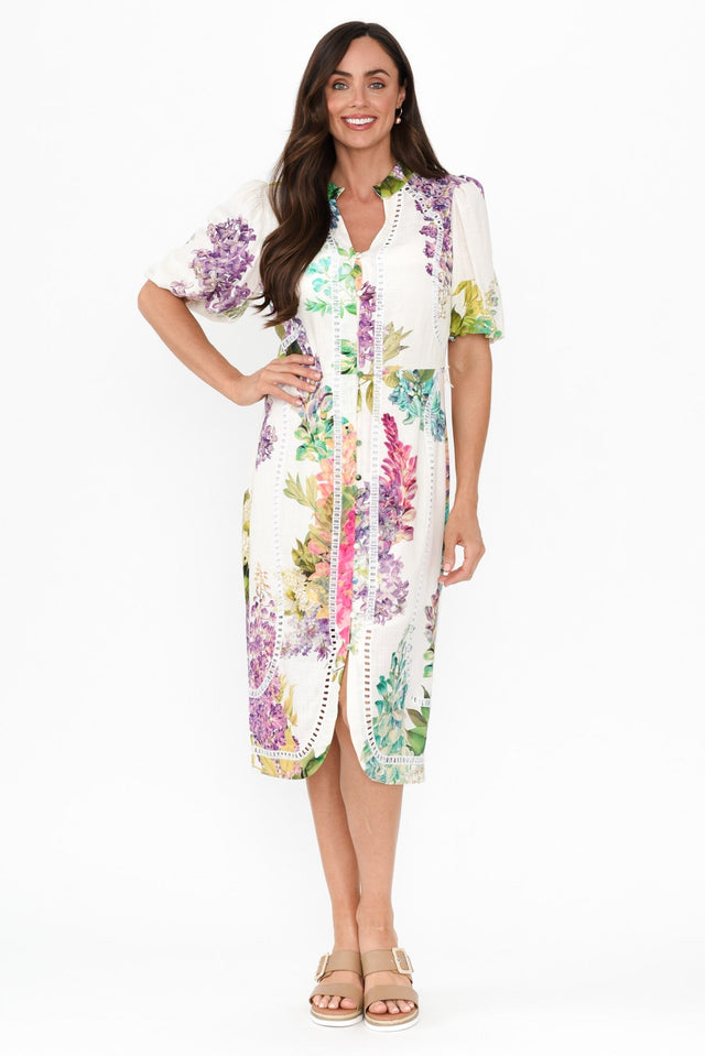 Carlyle Wisteria Alba Linen Blend Dress,Brunette model,alt text|model:Elouise