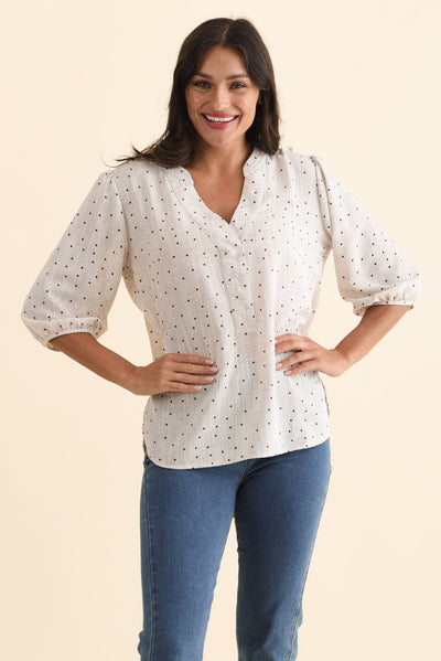 Carmin Beige Spot Linen Blend Top