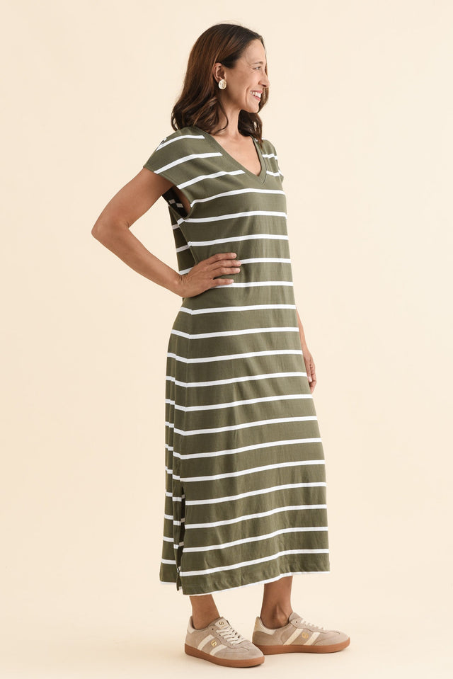 Casey Khaki Stripe Cotton Tie Dress,Side,Brunette model,alt text|model:Cara image 3