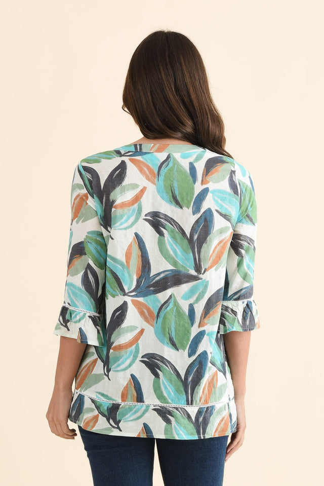 Cassidy Blue Leaf Cotton Sleeved Top,Back,Brunette model,alt text|model:MJ image 4