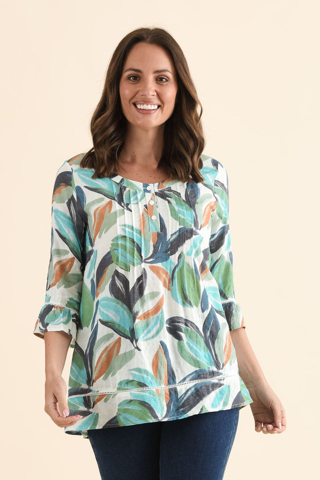 Cassidy Blue Leaf Cotton Sleeved Top,Front,Brunette model,alt text|model:MJ image 1