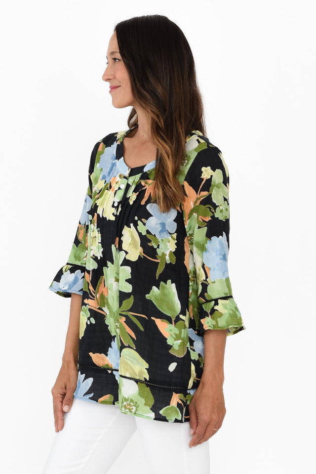 Cassidy Navy Flower Cotton Sleeved Top,Brunette model,alt text|model:Cara image 4