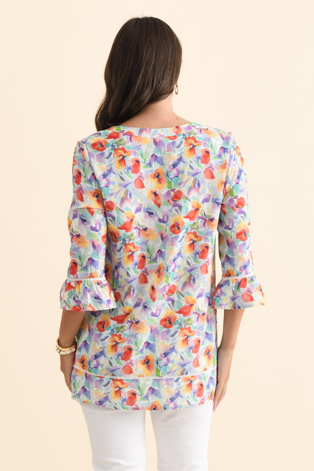 Cassidy Orange Flower Cotton Sleeved Top,Brunette model,alt text|model:MJ image 4