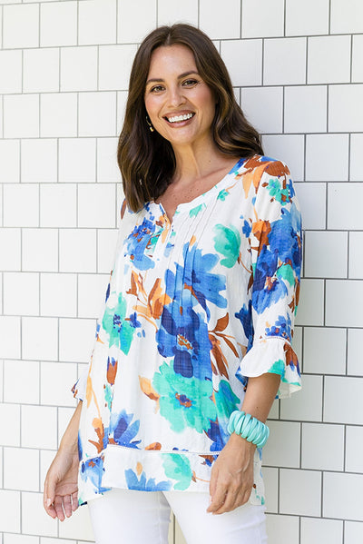 Cassidy Blue Flower Cotton Sleeved Top