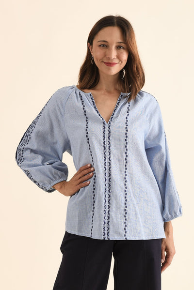 Caven Blue Cotton Embroidered Top