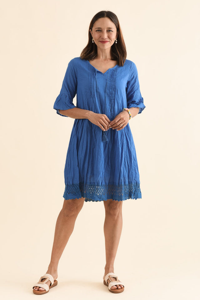 Cayman Blue Cotton Tunic Dress,Full Body,Brunette model,alt text|model:Cara image 2