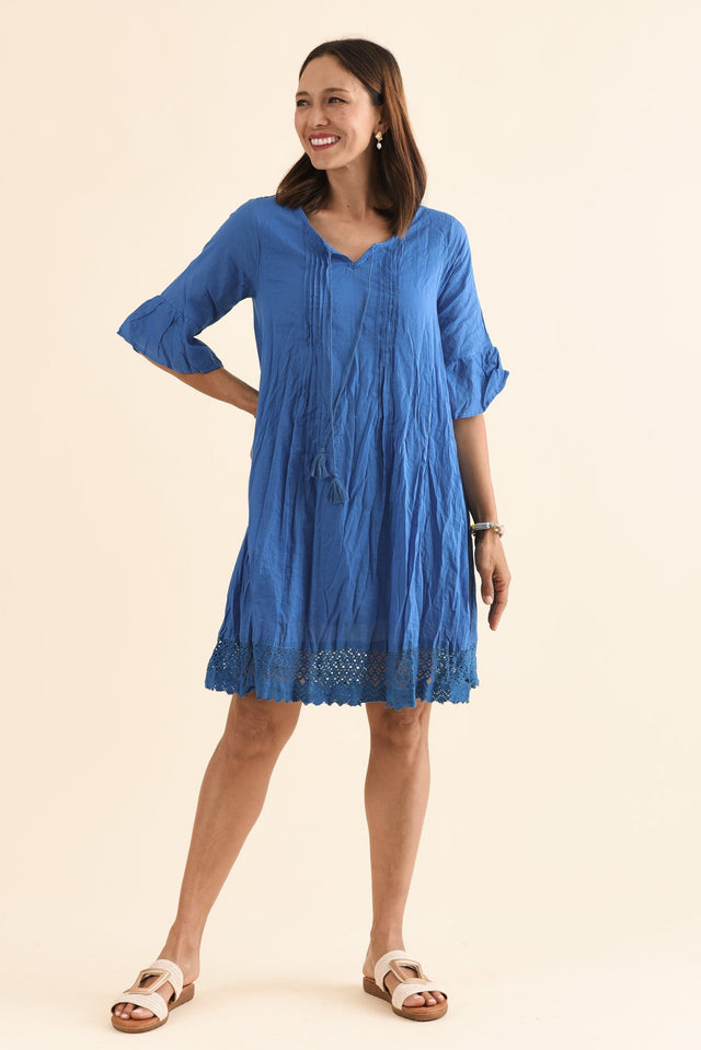 Cayman Blue Cotton Tunic Dress,Full Body,Brunette model,alt text|model:Cara image 6