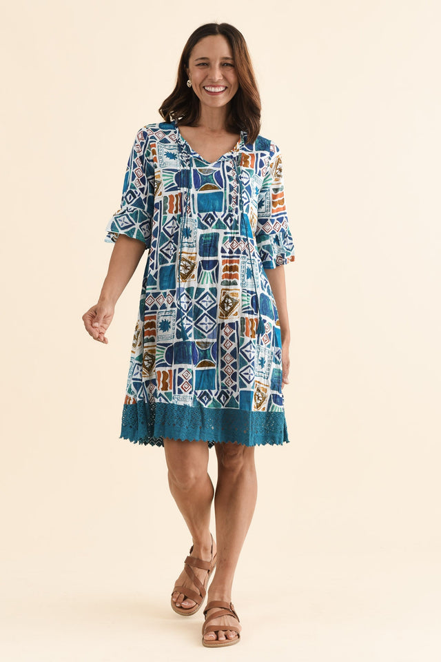 Cayman Blue Tile Cotton Tunic Dress,Full Body,Brunette model,alt text|model:Cara image 2