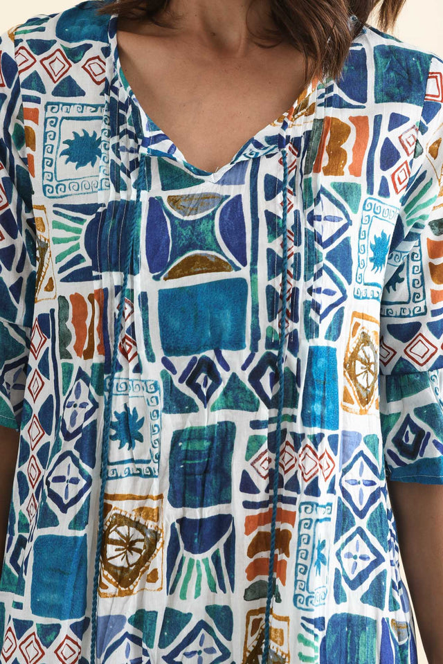 Cayman Blue Tile Cotton Tunic Dress,Detail,Brunette model,alt text|model:Cara image 5