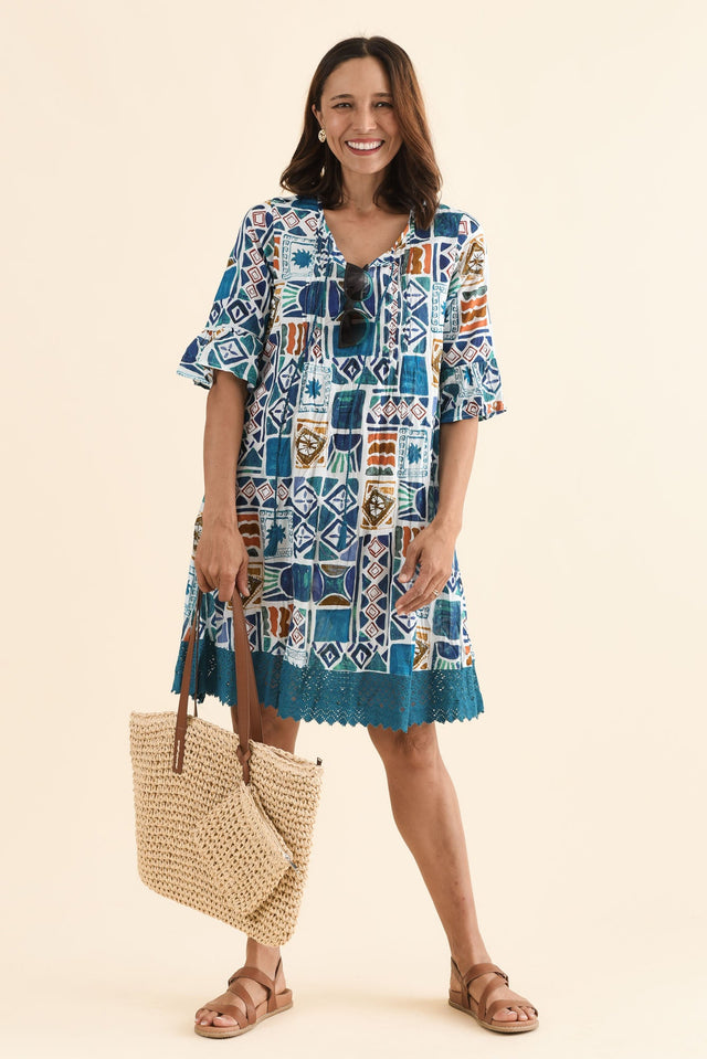 Cayman Blue Tile Cotton Tunic Dress,Front,Brunette model,alt text|model:Cara image 1
