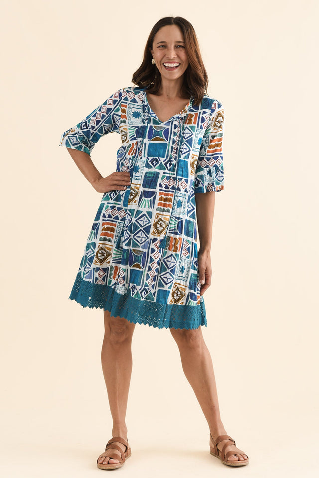 Cayman Blue Tile Cotton Tunic Dress,Full Body,Brunette model,alt text|model:Cara image 6