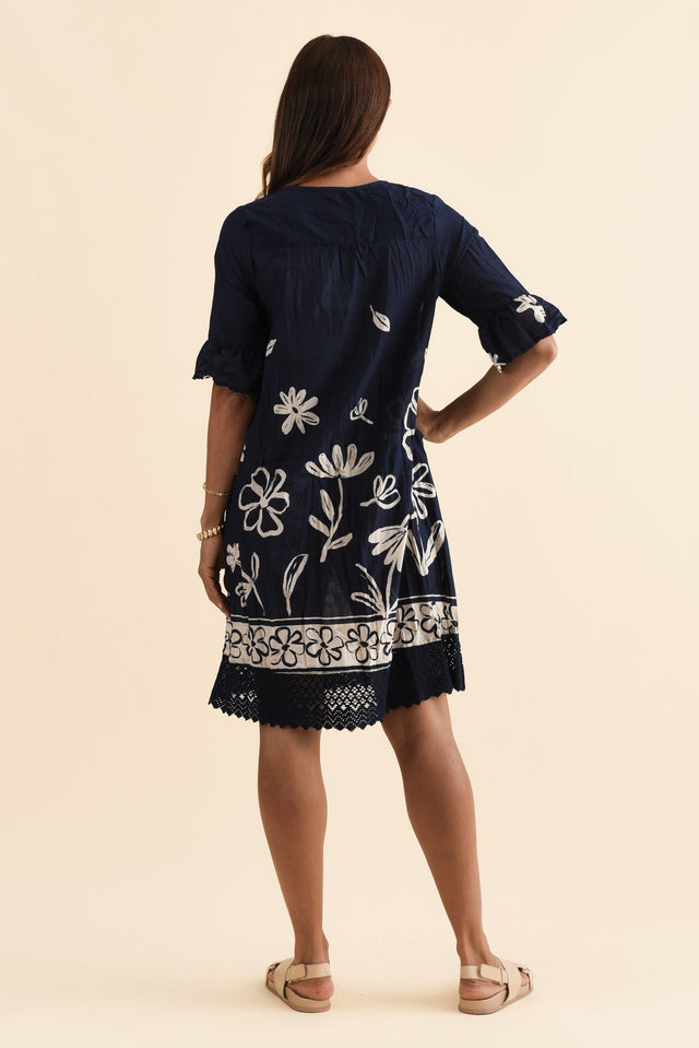 Cayman Navy Flower Cotton Tunic Dress,Brunette model,alt text|model:Cara image 5