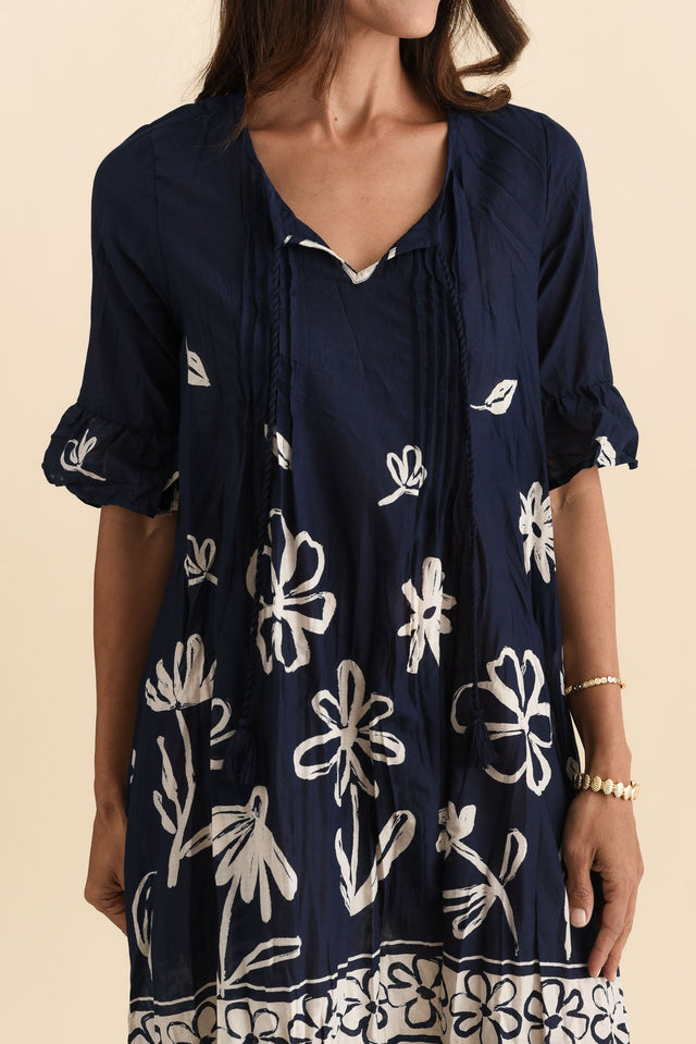 Cayman Navy Flower Cotton Tunic Dress,Brunette model,alt text|model:Cara image 6