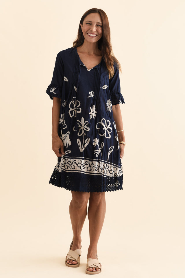 Cayman Navy Flower Cotton Tunic Dress,Brunette model,alt text|model:Cara image 3