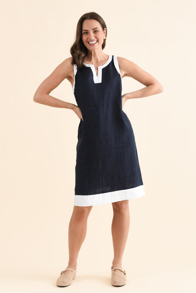 Cecilia Navy Contrast Linen Dress,Full Body,Brunette model,alt text|model:MJ image 6