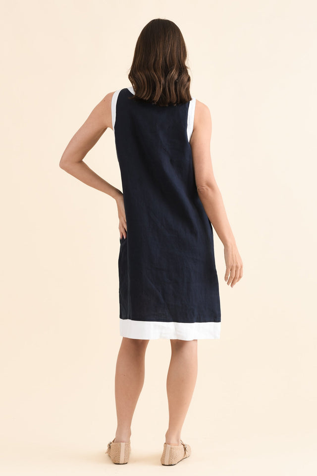 Cecilia Navy Contrast Linen Dress,Back,Brunette model,alt text|model:MJ image 4