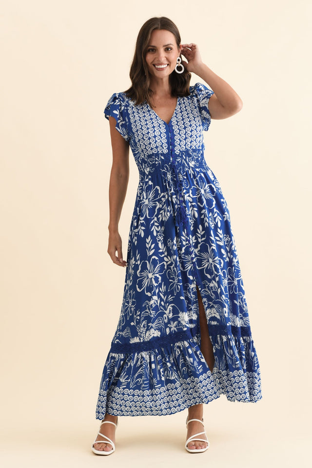 Chappelle Blue Floral Button Dress,Brunette model,alt text|model:MJ image 3