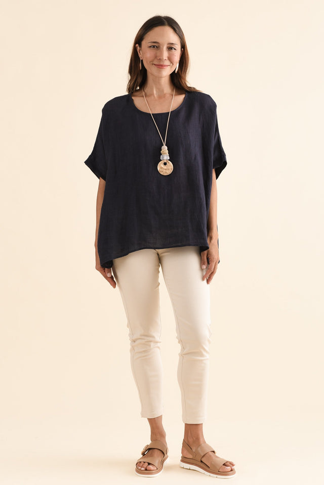 Chaya Navy Linen Top,Full Body,Brunette model,alt text|model:Cara image 9