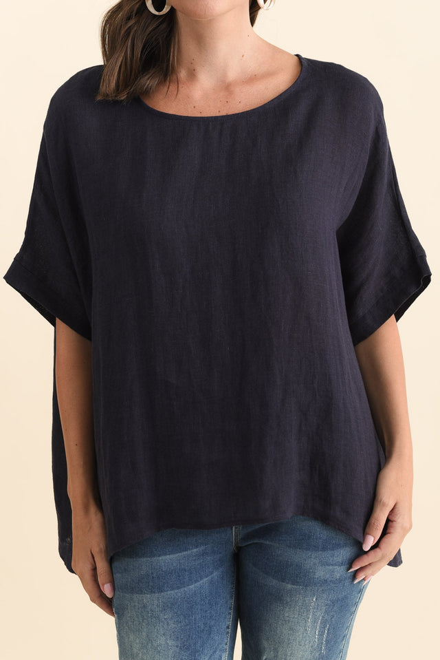 Chaya Navy Linen Top,Brunette model,alt text|model:MJ image 7