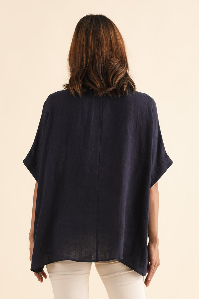 Chaya Navy Linen Top,Back,Brunette model,alt text|model:Cara image 7