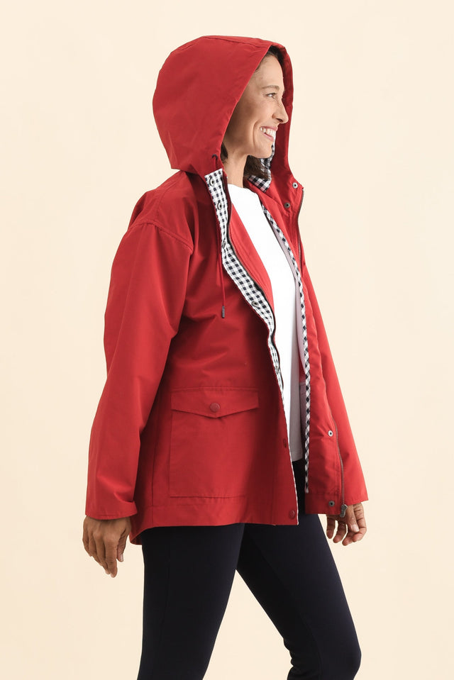 Chelsea Red Hooded Raincoat,Brunette model,alt text|model:Cara image 4
