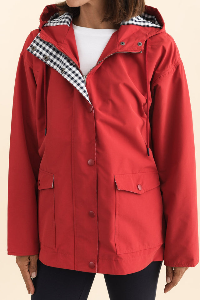 Chelsea Red Hooded Raincoat,Brunette model,alt text|model:Cara image 6