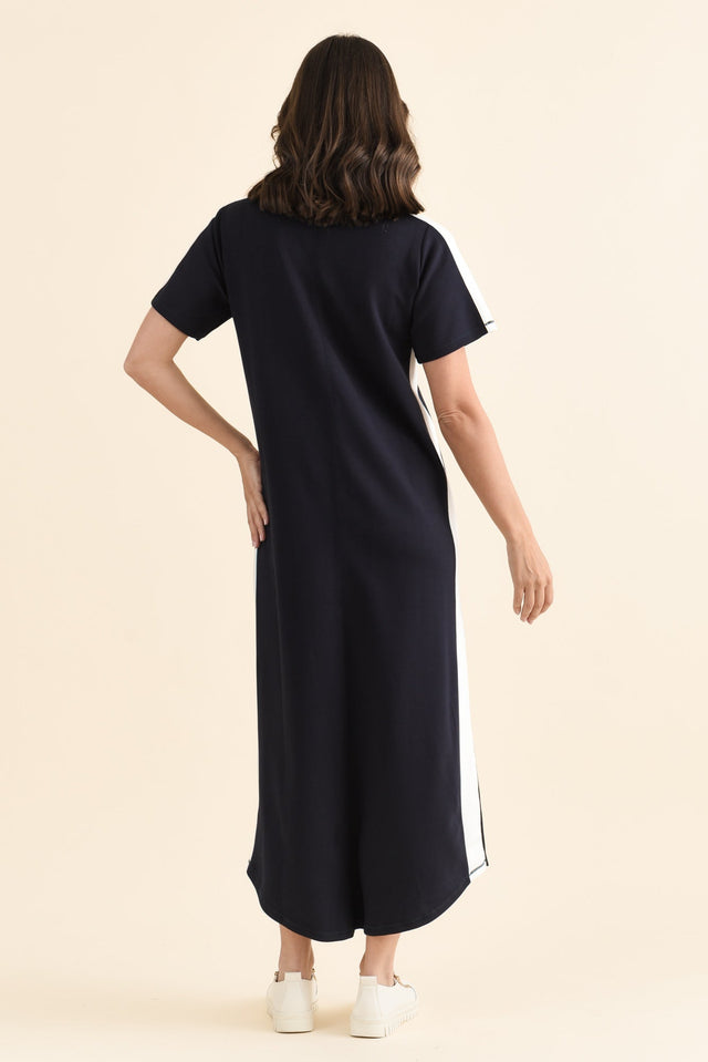Chicago Navy Stripe Tee Dress,brunette model,Side of Outfit,alt text|model:MJ image 3