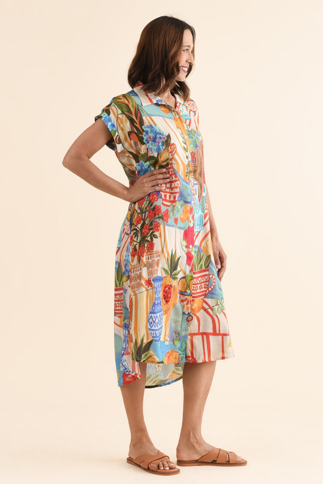 Chiya Blue Fruity Pocket Shirt Dress,Side,Brunette model,alt text|model:Cara image 3