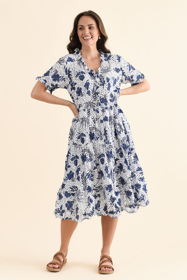 Cinder Blue Garden Crinkle Cotton Ruffle Dress,Full Body,Brunette model,alt text|model:MJ image 6