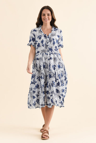 Cinder Blue Garden Crinkle Cotton Ruffle Dress
