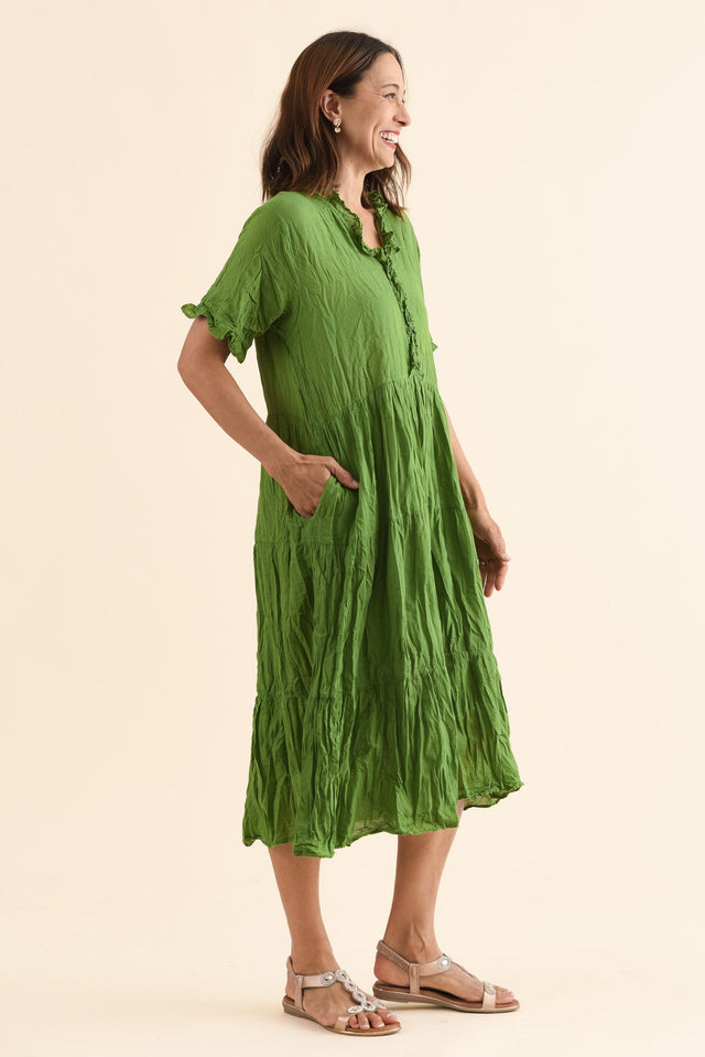 Cinder Fern Green Crinkle Cotton Ruffle Dress,Side,Brunette model,alt text|model:Cara image 4