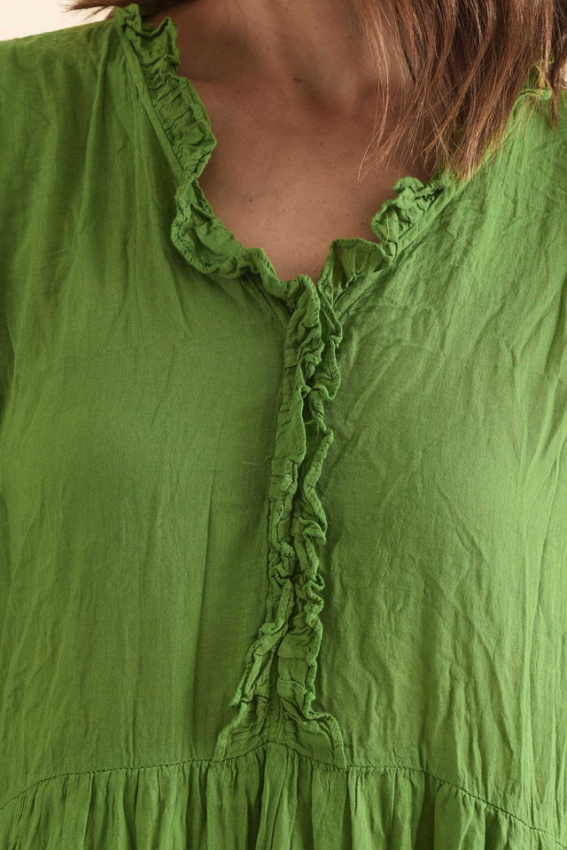Cinder Fern Green Crinkle Cotton Ruffle Dress,Detail,Brunette model,alt text|model:Cara image 6