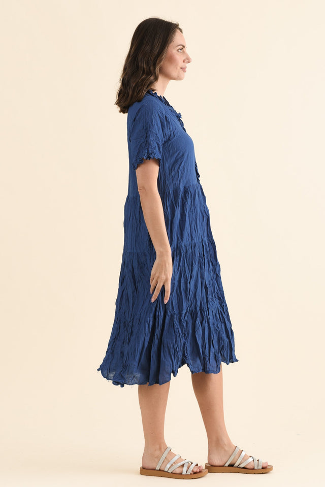 Cinder Indigo Crinkle Cotton Ruffle Dress,Side,Brunette model,alt text|model:MJ image 3