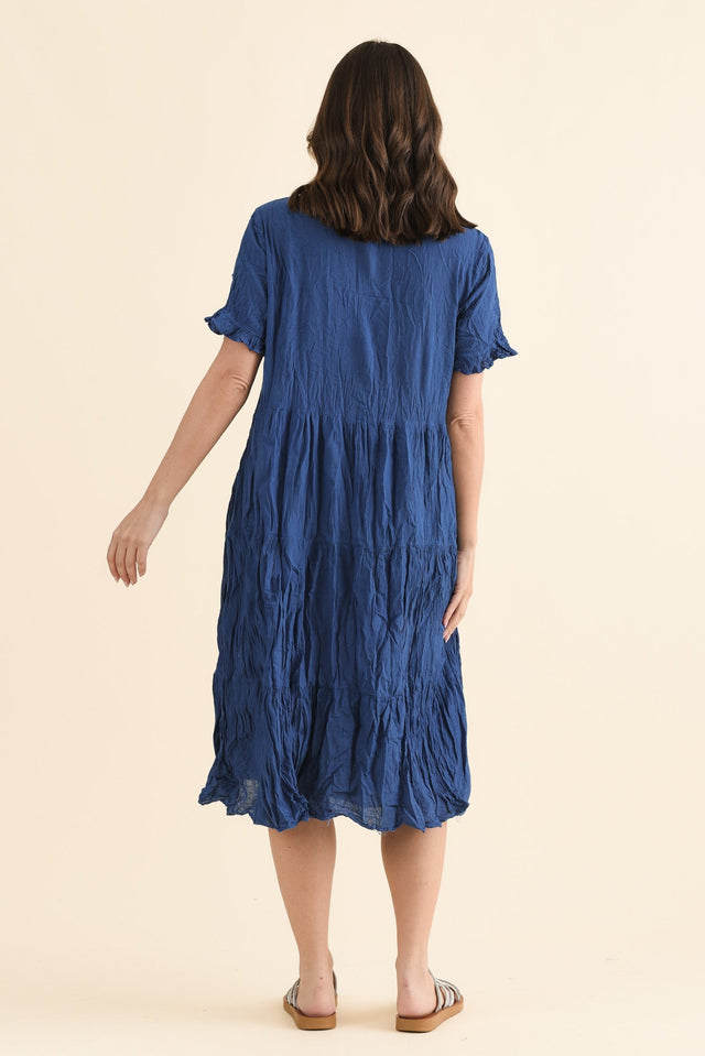 Cinder Indigo Crinkle Cotton Ruffle Dress,Back,Brunette model,alt text|model:MJ image 4