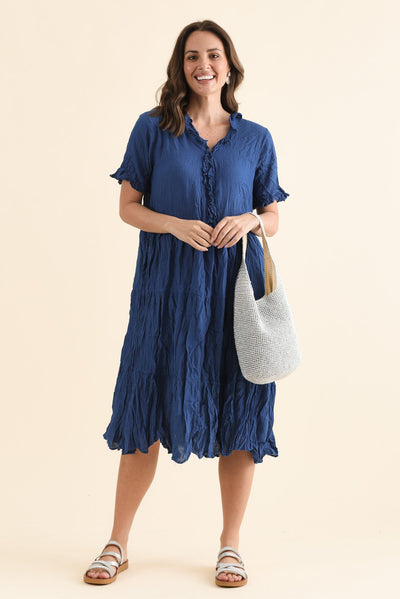 Cinder Indigo Crinkle Cotton Ruffle Dress