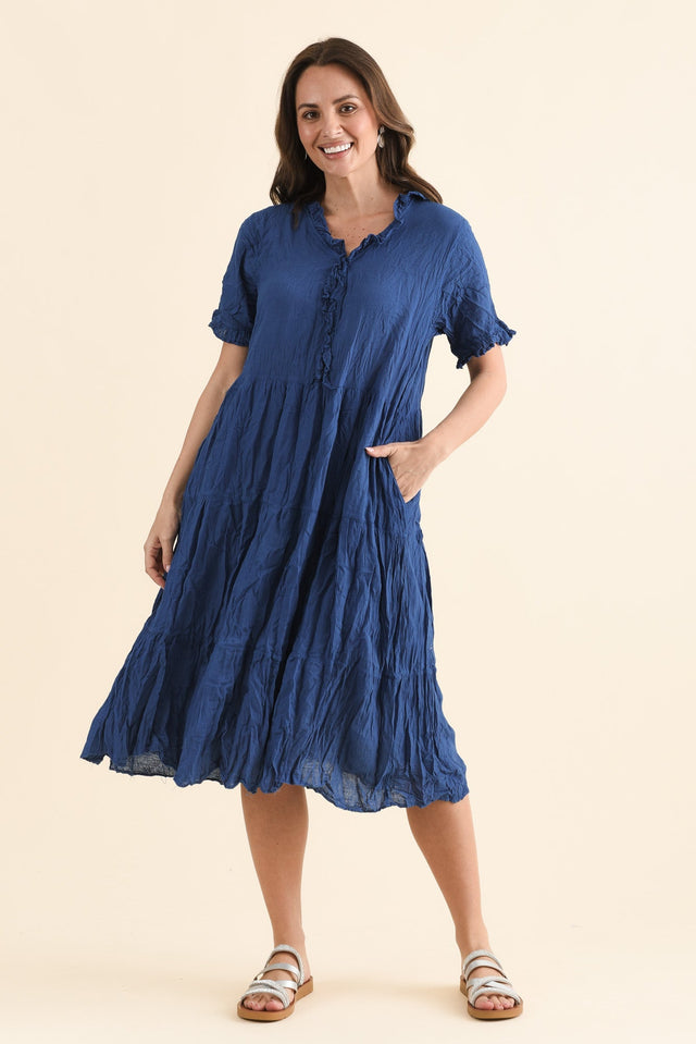 Cinder Indigo Crinkle Cotton Ruffle Dress,Full Body,Brunette model,alt text|model:MJ image 2