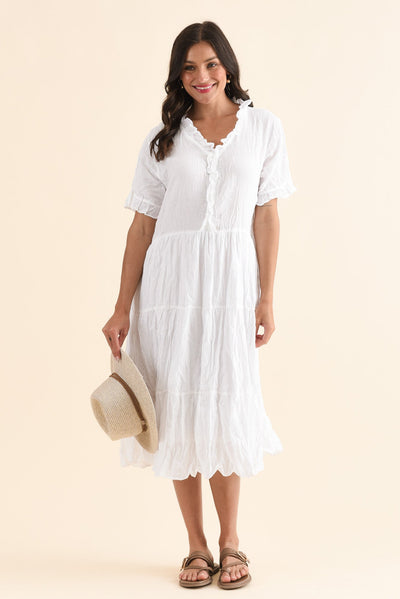 Cinder White Crinkle Cotton Ruffle Dress