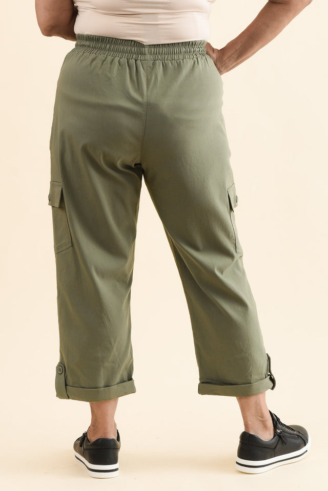 Cindy Sage Denim Cargo Pants,Back,Brunette model,alt text|model:Pilita image 12