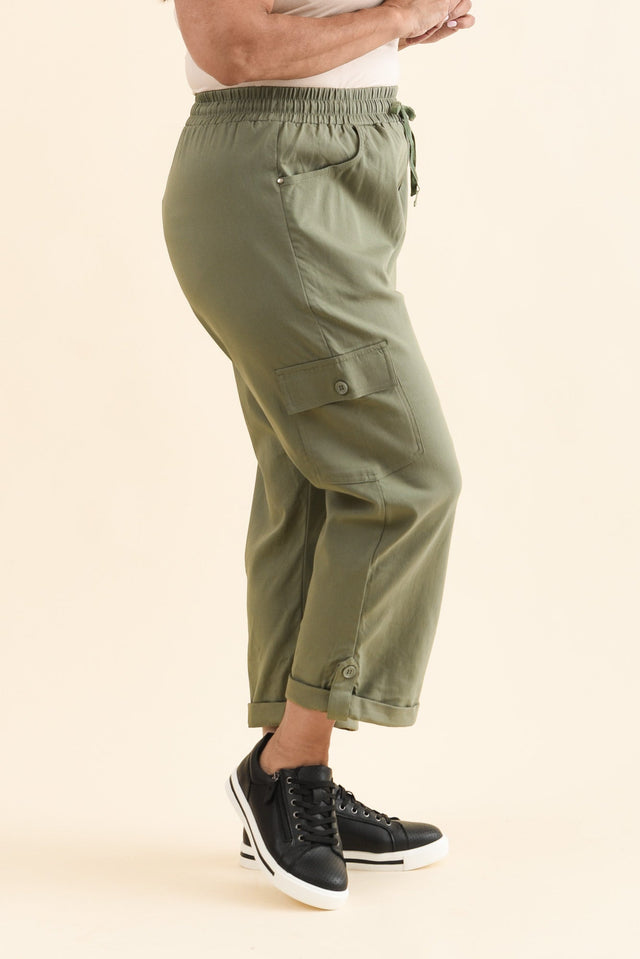 Cindy Sage Denim Cargo Pants,Side,Brunette model,alt text|model:Pilita image 11