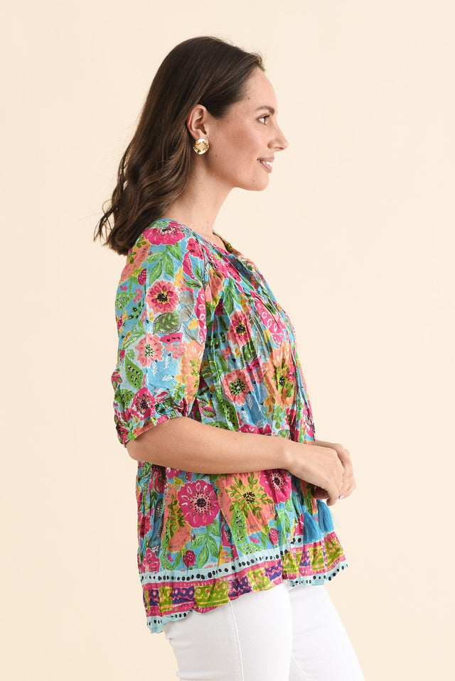Claris Blue Flower Crinkle Cotton Top,Side,Brunette model,alt text|model:MJ image 3