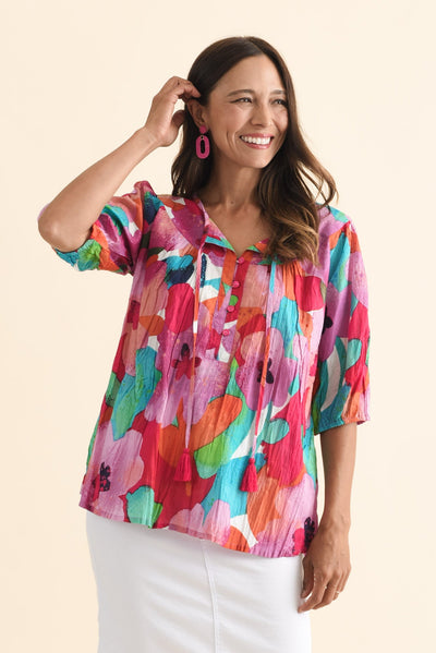 Claris Pink Floral Crinkle Cotton Top